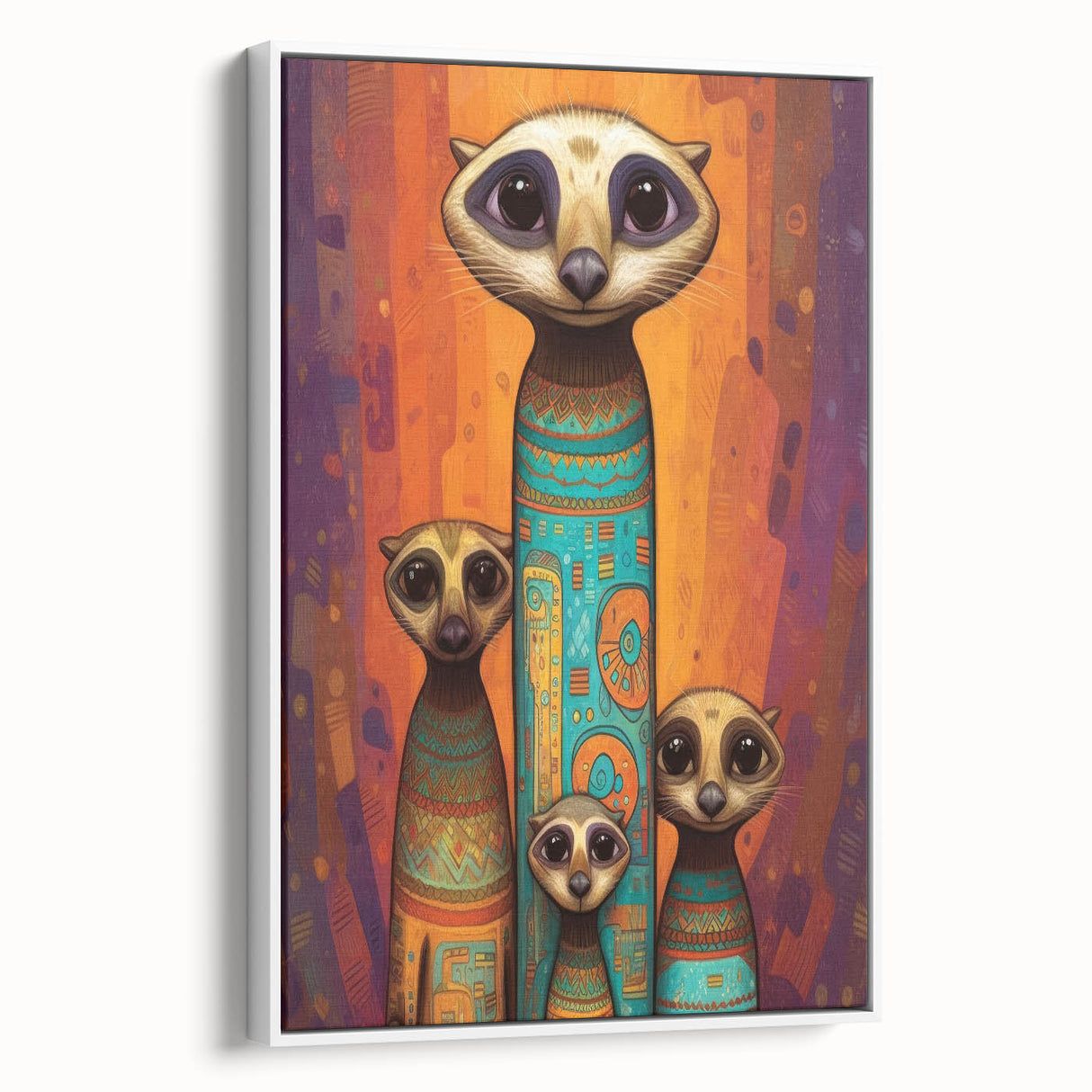 Framed canvas artwork showcasing a vibrant abstract design in bold colors, elegantly displayed from a side view against a neutral background, ideal for modern decor.
