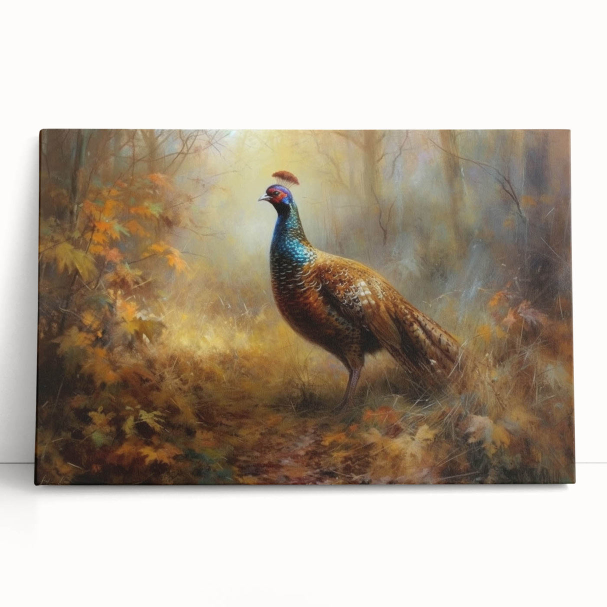 Stretched canvas artwork depicting vibrant abstract landscape colors, elegantly leaning against a wall, showcasing its textured finish and artistic details.