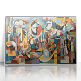 Framed acrylic wall art featuring a vibrant abstract design in shades of blue and gold, displayed from a front view against a neutral background, perfect for modern home decor.