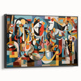 Framed canvas print showcasing a vibrant abstract design in shades of blue and gold, viewed from the side. Ideal for modern home decor, enhancing any space with artistic elegance.