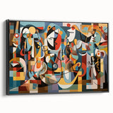 Framed canvas print showcasing a vibrant abstract design in shades of blue and gold, viewed from the side. Ideal for modern home decor, enhancing any space with artistic elegance.