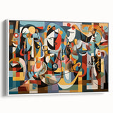 Framed canvas wall art depicting a vibrant abstract design in bold colors, showcased from a white side view, perfect for modern decor in any room.