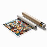 Rolled canvas print showcasing vibrant African tribal art with intricate patterns, securely packaged in a protective cardboard tube for display and transport.