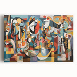 Stretched canvas artwork showcasing a vibrant abstract design with bold colors, framed for display, ideal for modern home decor or art enthusiasts.