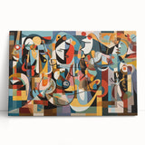 Stretched canvas print of a vibrant abstract landscape artwork, leaning against a textured wall, showcasing rich colors and modern artistic style. Perfect for home decor.
