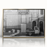 Large art print of a mid-century modernist style abstract pattern in muted gold and white tones on a framed acrylic panel.