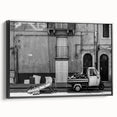 Framed canvas featuring a black and white vintage landscape painting, ideal for bedroom wall art.