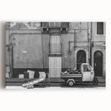 Large black and white abstract print on stretched canvas, featuring dynamic brush strokes, ideal for kitchen wall art.