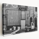 Large abstract painting on stretched canvas with vibrant blue and orange tones, suitable for kitchen wall art.