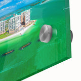 Large abstract wall art in vibrant orange and red tones on acrylic glass.