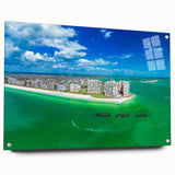 Large abstract wall art on acrylic glass featuring swirling blue and gray tones, suitable for bedroom or dining room decor.