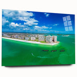 Large abstract wall art on acrylic glass featuring swirling blue and white patterns.