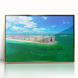 Large art print of abstract mid-century modernist design in gold and white tones, framed acrylic.