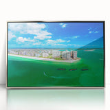 Mid-century modernist art deco poster in acrylic frame, featuring geometric shapes in muted tones.