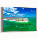 Landscape art painting on framed canvas featuring a vintage poster design in monochrome with vibrant color accents.