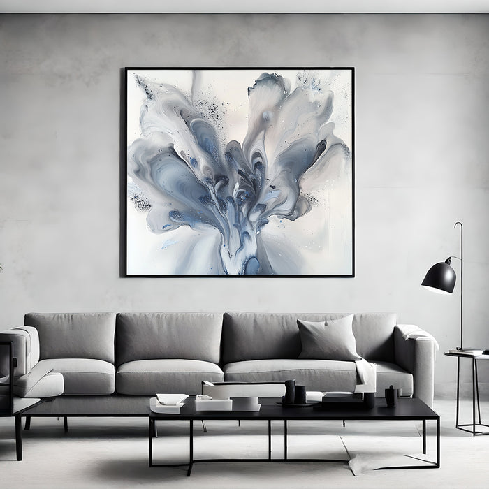 Oversized abstract wall art in a spacious gray living room with clean lines and modern layout
