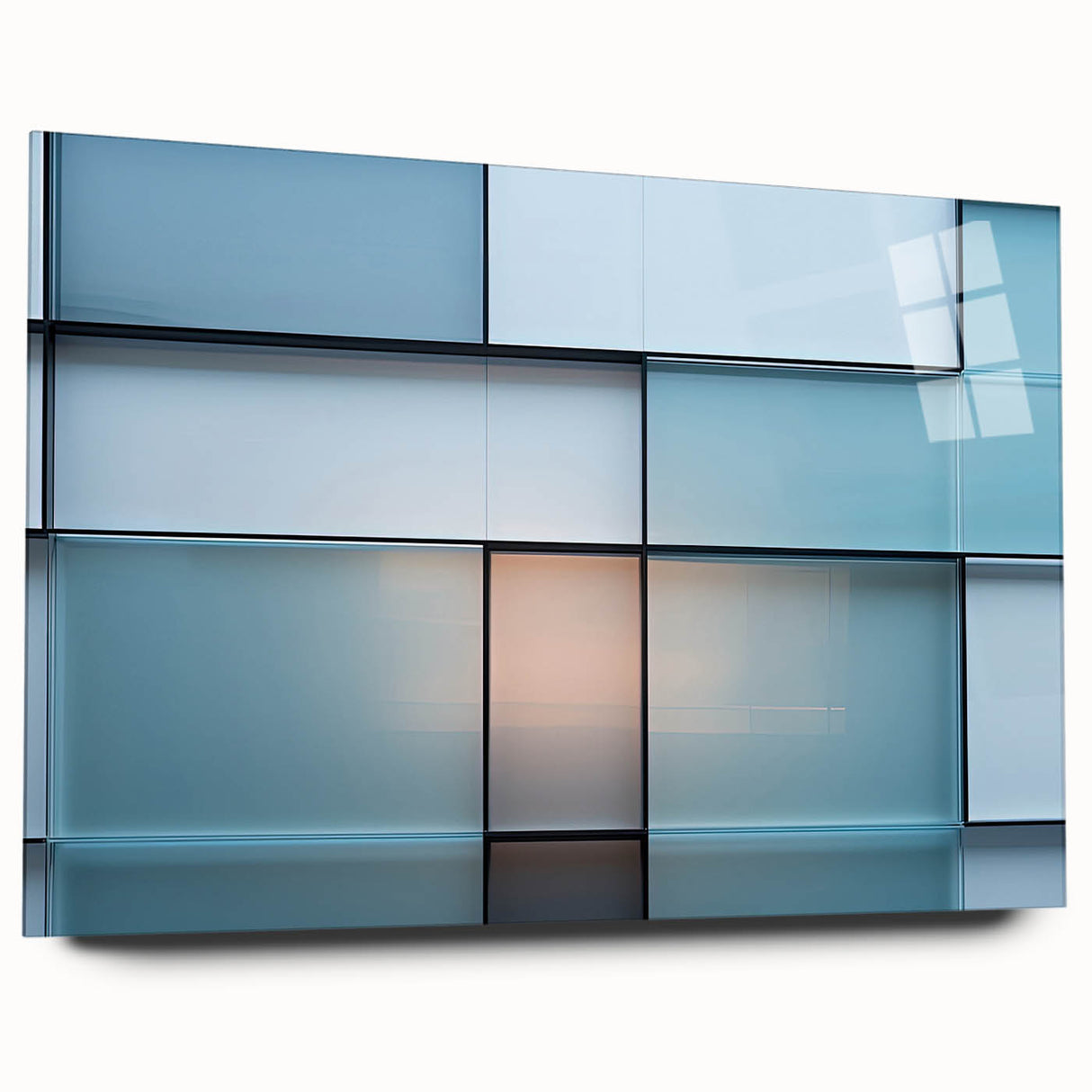 Large abstract wall art in swirls of blue and gray on acrylic glass, ideal for bedroom or dining room decor.