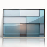 Art deco poster featuring geometric shapes in silver and gray tones on a framed acrylic print.