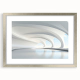 Abstract art print featuring swirling blue and gray tones on a framed canvas, suitable for dining room or bedroom decor.