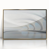 Mid-century modernist art deco poster in acrylic frame, featuring geometric shapes in gold and black.