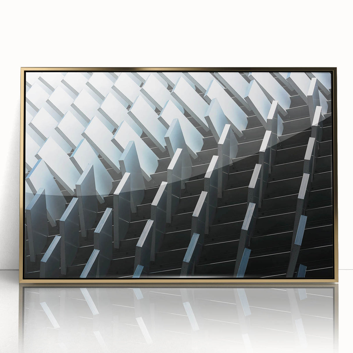 Mid-century modernist art of geometric shapes in muted gold and beige on a framed acrylic, ideal for nursery wall decor.
