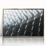 Mid-century modernist art of geometric shapes in muted gold and beige on a framed acrylic, ideal for nursery wall decor.