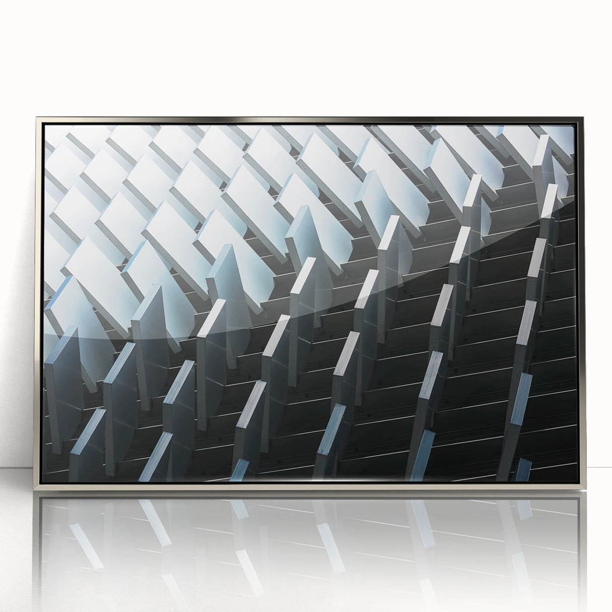 Art deco poster featuring geometric patterns in silver and gray tones on a framed acrylic, ideal for modern nursery wall art.