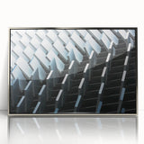 Art deco poster featuring geometric patterns in silver and gray tones on a framed acrylic, ideal for modern nursery wall art.