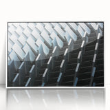 Large art print of a mid-century modernist abstract design in pastel colors on a framed acrylic.