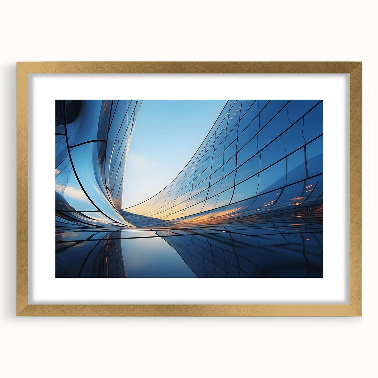 Textured abstract art print in gold and white hues, displayed in a gold frame, suitable for bedroom decor.