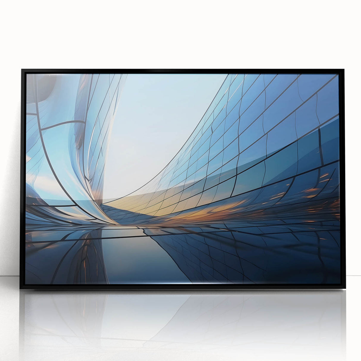 Large abstract wall art in mid-century modernist style on acrylic, featuring swirling blue and gray tones.