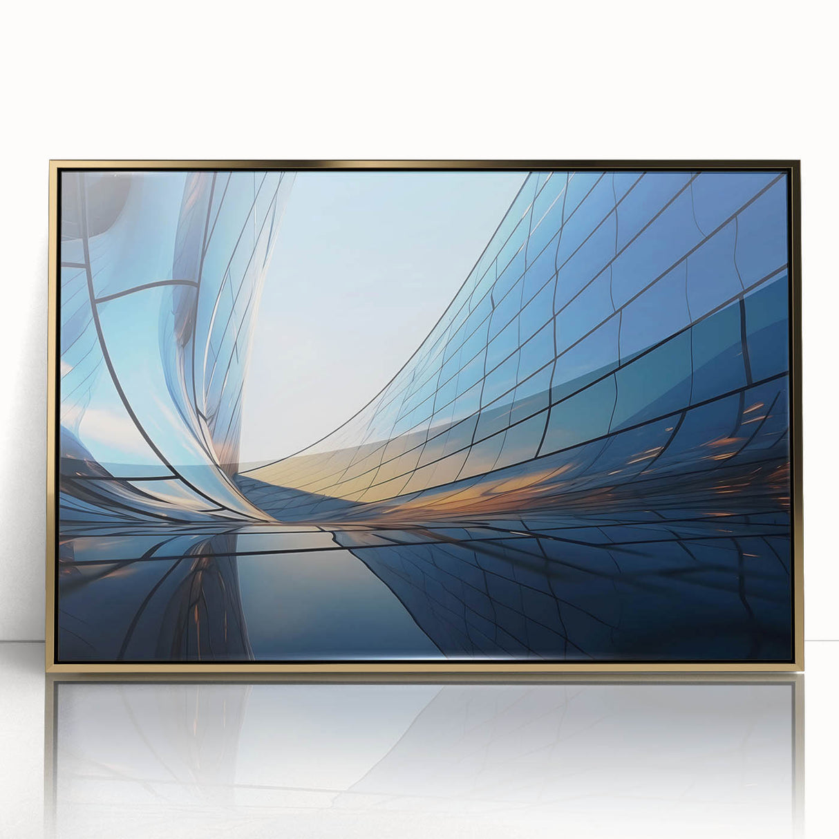 Mid-century modernist art deco poster featuring geometric shapes in gold and black, framed acrylic print.