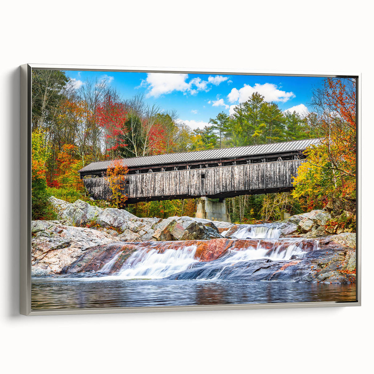 Landscape art painting featuring a serene river scene in soft, muted colors on a framed canvas.