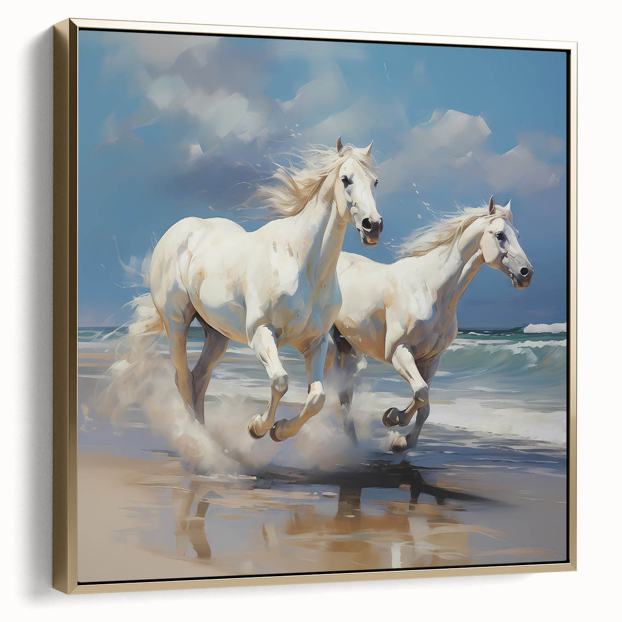 Framed canvas artwork showcasing an elegant silver and gold abstract design, perfect for modern home decor. The piece adds a touch of sophistication to any space.