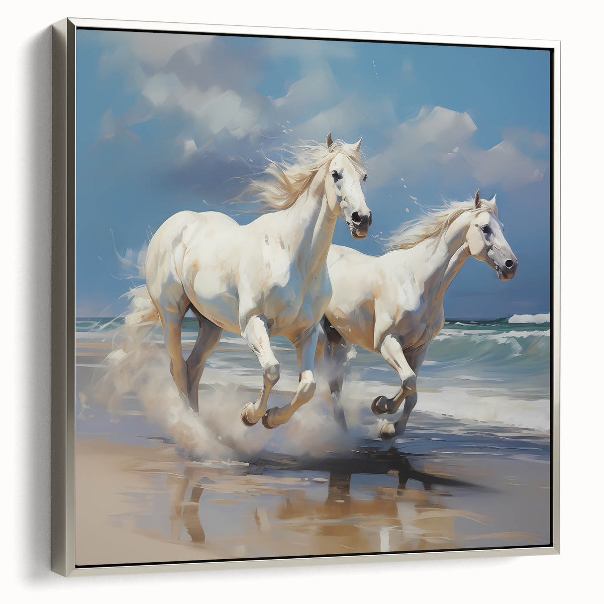 Framed canvas artwork showcasing a vibrant abstract design with silver accents, displayed from the side to highlight its sleek profile and modern aesthetic. Perfect for contemporary home decor.