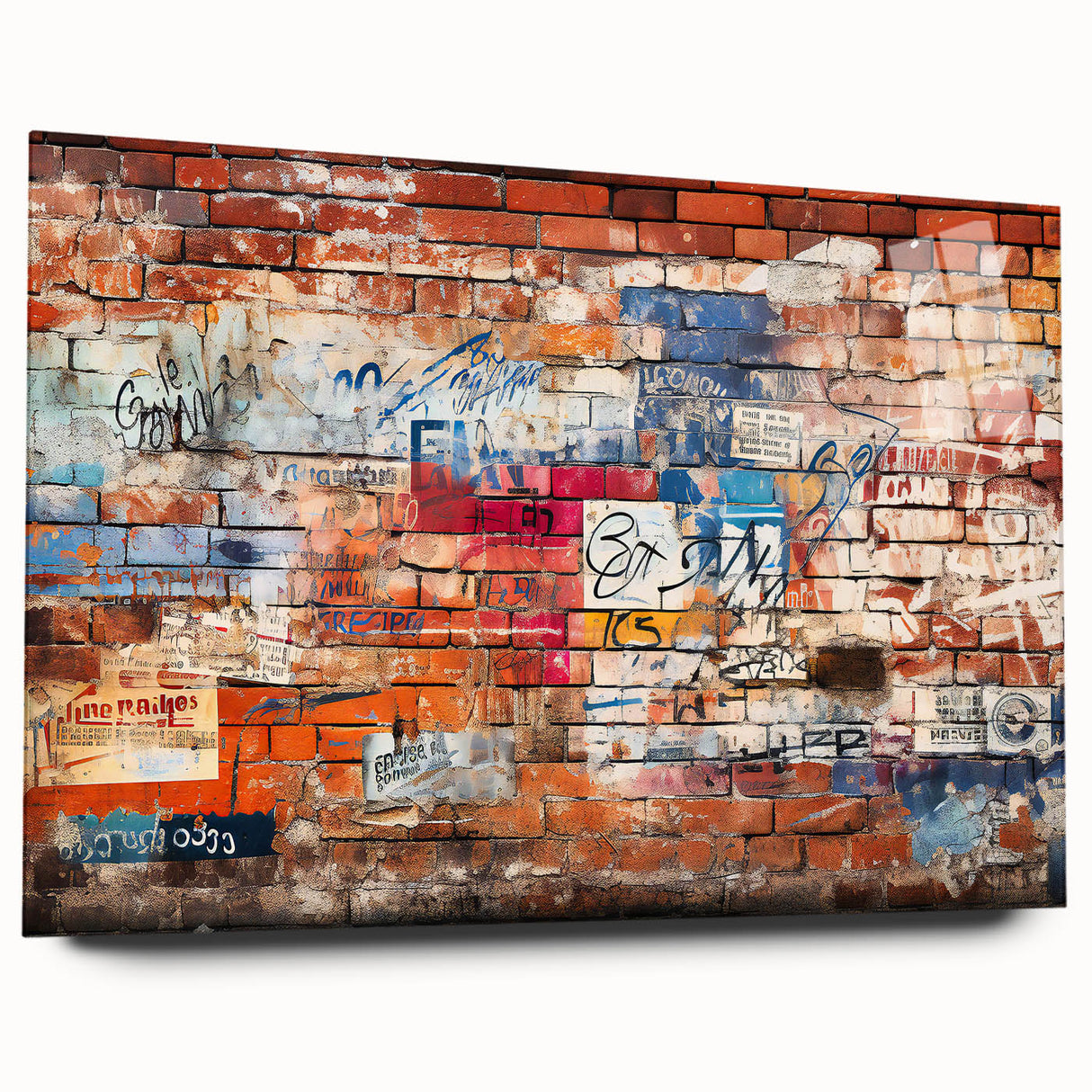 Large abstract wall art in vibrant blue and orange tones on acrylic glass, suitable for bedroom or dining room decor.