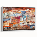 Framed vintage poster art featuring colorful abstract shapes on a black background, ideal for living room decor.