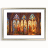 Silver-framed artwork featuring a vibrant landscape scene, displayed with a white mat, showcasing its elegant design from a front view perspective. Perfect for home decor.