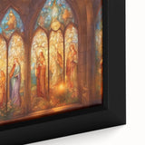 Close-up of a vibrant framed canvas featuring abstract geometric art in bold colors, showcasing intricate textures and patterns ideal for modern home decor.