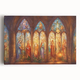 Stretched canvas artwork showcasing a vibrant abstract landscape in bold colors, highlighting deep blues and warm oranges, ideal for modern home decor.