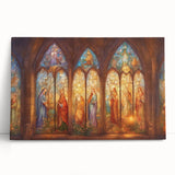 Stretched canvas artwork depicting a vibrant abstract design in shades of blue and gold, leaning against a textured wall in a contemporary setting.