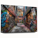 Large abstract wall art on acrylic glass featuring swirling blue and gray tones, suitable for bedroom or dining room decor.