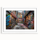 Abstract art print featuring swirling blue and white patterns on a framed canvas.