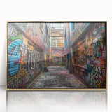 Framed acrylic print of a mid-century modernist abstract design in gold and black tones, ideal for modern art wall decor.