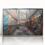 Mid-century modernist art deco poster in acrylic frame, featuring geometric shapes in silver and gray.