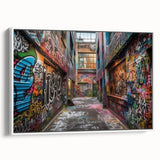 Framed vintage poster art of a colorful abstract design on canvas, ideal for living room decor.