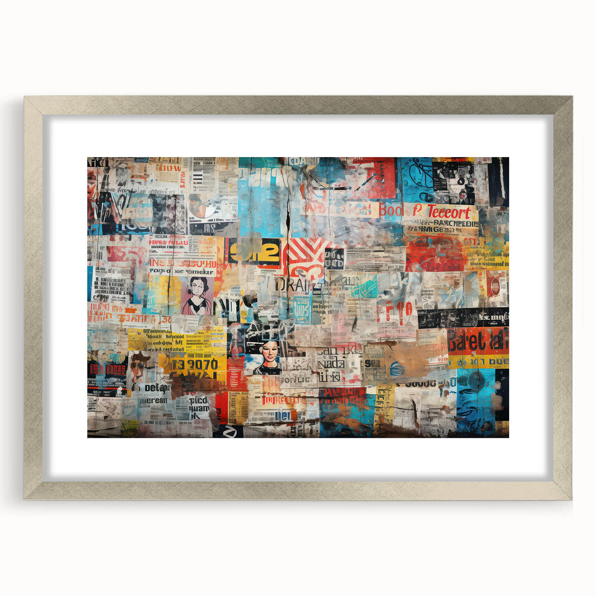 Abstract textured art print in muted gray and blue shades, framed in silver, suitable for bedroom decor.