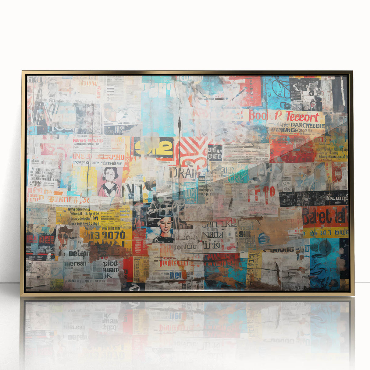 Large mid-century modernist art print of geometric shapes in gold and black, acrylic framed, ideal for modern art wall decor.