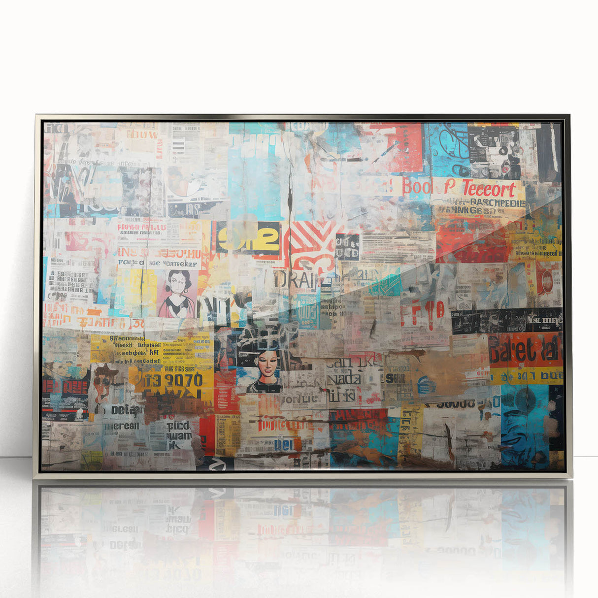 Framed acrylic print of a mid-century modernist art deco poster featuring geometric shapes in silver and gray tones.