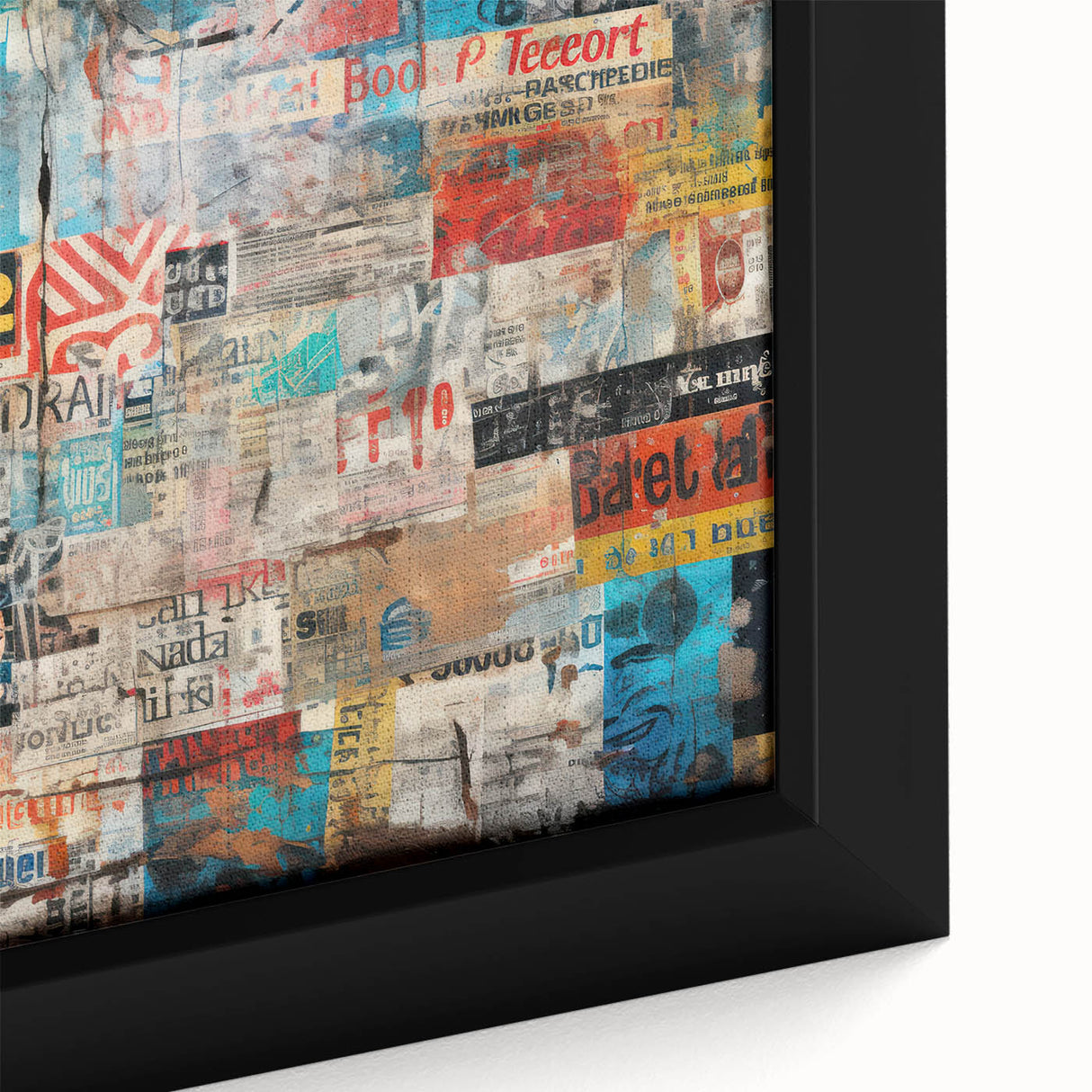 Close-up of black wall art featuring textured, colorful abstract design on a large framed canvas.
